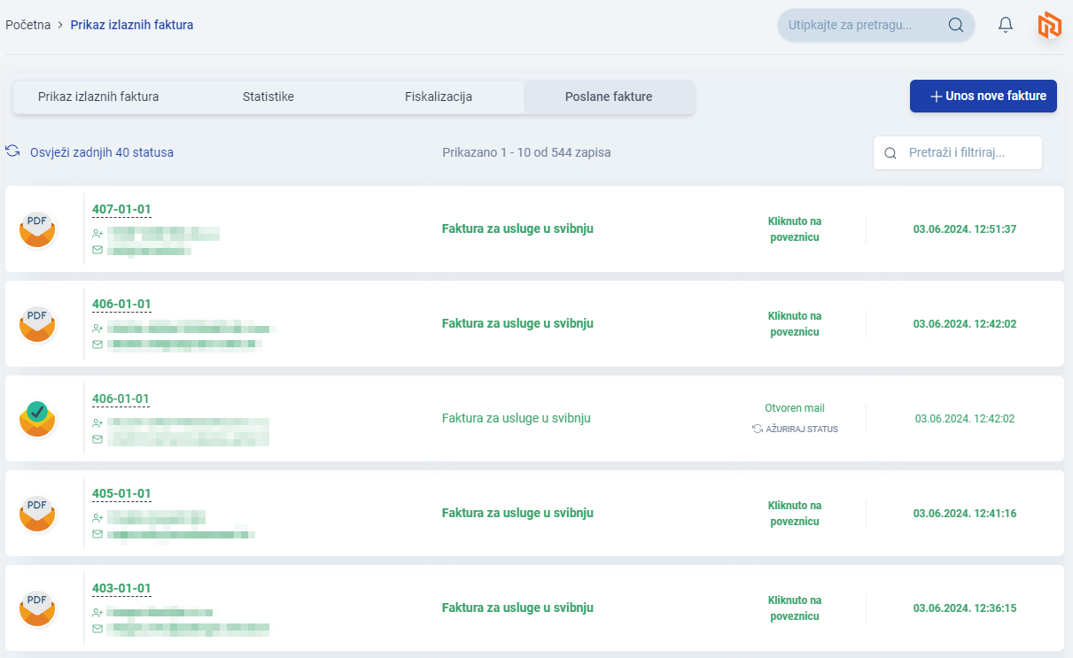 Prikaz poslanih faktura iz Fakturka