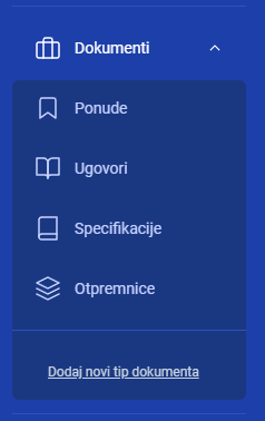 Odabir unosa novog tipa dokumenta u glavnom meniju